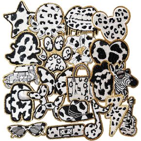 21pcs Leopard Print Series Iron On/Sew on Patches ، وتزيين مطرز للملابس ، واللباس ، والقبعة ، والجينز ، وملحقات DIY (بالأبيض والأسود)