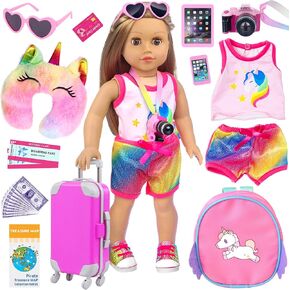 ZITA ELEMENT 24 Pcs 18 Inch Girl Doll Accessories Suitcase Luggage Travel Set Including 18 Inch Doll Clothes Luggage Pillow Blindfold Sunglasses Camera Computer Cell Phone Ipad and Other Stuff