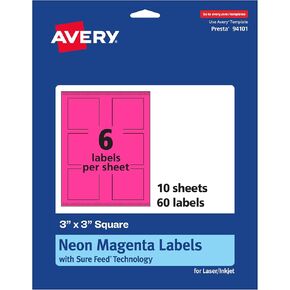 Avery Printable Square Labels with Sure Feed Technology, 3" x 3", Neon Magenta Labels, Print-to-The-Edge, Laser/Inkjet, 120 Total, Great for Jar Labels and Packaging Labels