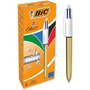 Bic 4 Colours Shine Ballpoint Pens Medium Point (1.0 mm) - Metallic Gold Barrel, Box of 12