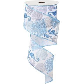 Summer Wired Edge Ribbon Starfish Coral Craft Ribbon Blue Fabric Ribbon for Wreath Bow Making DIY Crafts Wrapping Party Decor Supplies, 12 Yard