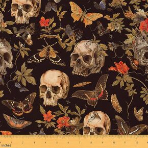 Feelyou Sugar Skull Fabric by The Yard 1 Yard Botanical Flowers Decorative Waterproof Outdoor Fabric Butterfly Gothic Skeleton Upholstery Fabric for Chairs Halloween Themed DIY Reupholstery Fabric