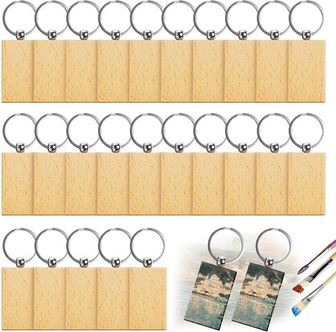 25Pcs Wood Keychain Blanks Wooden Keychain Rectangle Wood Key Ring Personalized Engraving Wooden Keychains, Unfinished Wood Key Tags Keychain for DIY Gift Crafts Keychains (1.2 X 2.1 inches) in Saudi Arabia
