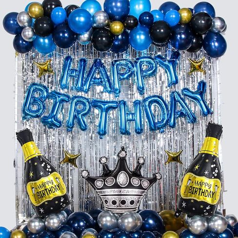 Black and Gold Birthday Decorations, Happy Birthday Decorations for Men with Balloons Arch Kit, Banner Foil Fringe Curtains, Adult Bday Party Supplies for 30th 35th 40th 50th 60th 70th 80th 90th in Saudi Arabia