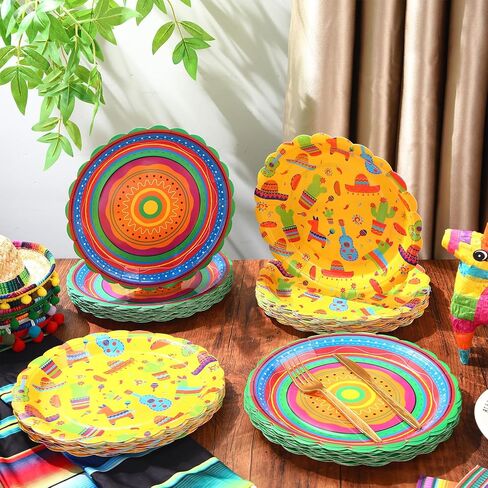 100 Pack 9 Inch Mexican Paper Plates Fiesta Dinner Plates Taco Tuesday Plates Cinco De Mayo Disposable Plates for Mexican Birthday Party Decorations Supplies(Classic) in Saudi Arabia