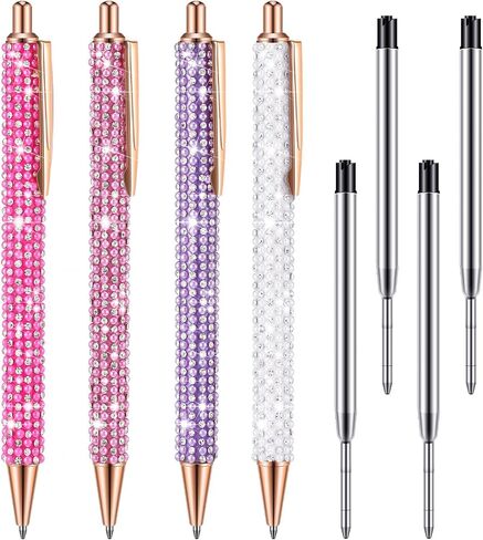 Ireer 4 Pcs Bling Rhinestone Sparkly Pens for Women Diamond Ink Crystal Glitter Metal Ballpoint Bedazzled Fancy Pens 4 Pcs 1.0mm Refills(Silver, AB Silver) in Kuwait