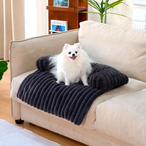 Fuzzy Pet Couch Covers for Sofa, 37" L × 33" W × 6" H Calming Dog Bed Fluffy Plush Dog Mat for Furniture Protector with Bolster for Large Medium Small Dogs and Cats, Large, Dark Grey in Kuwait