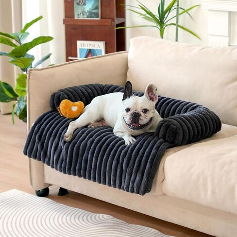 Fuzzy Pet Couch Covers for Sofa, 37" L × 33" W × 6" H Calming Dog Bed Fluffy Plush Dog Mat for Furniture Protector with Bolster for Large Medium Small Dogs and Cats, Large, Dark Grey in Kuwait