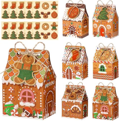 Blulu 60 Set Small Christmas Cookie Boxes with Tags Gingerbread House Gift Box with String Kraft Paper Christmas Treat Boxes Mini Goodie Containers for Xmas Party Packaging Favor Supplies(Brown) in Saudi Arabia