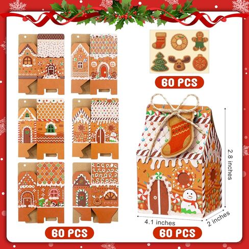 Blulu 60 Set Small Christmas Cookie Boxes with Tags Gingerbread House Gift Box with String Kraft Paper Christmas Treat Boxes Mini Goodie Containers for Xmas Party Packaging Favor Supplies(Brown) in Saudi Arabia