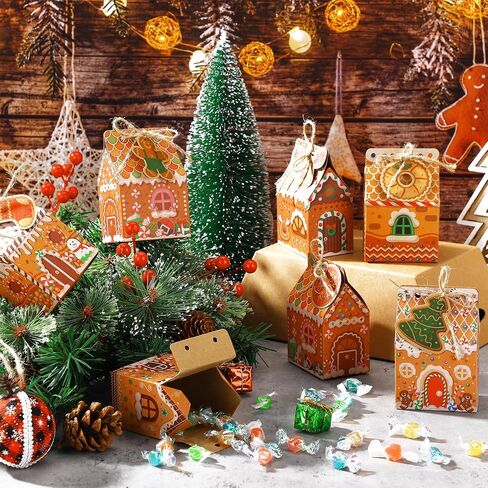 Blulu 60 Set Small Christmas Cookie Boxes with Tags Gingerbread House Gift Box with String Kraft Paper Christmas Treat Boxes Mini Goodie Containers for Xmas Party Packaging Favor Supplies(Brown) in Saudi Arabia