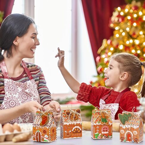 Blulu 60 Set Small Christmas Cookie Boxes with Tags Gingerbread House Gift Box with String Kraft Paper Christmas Treat Boxes Mini Goodie Containers for Xmas Party Packaging Favor Supplies(Brown) in Saudi Arabia