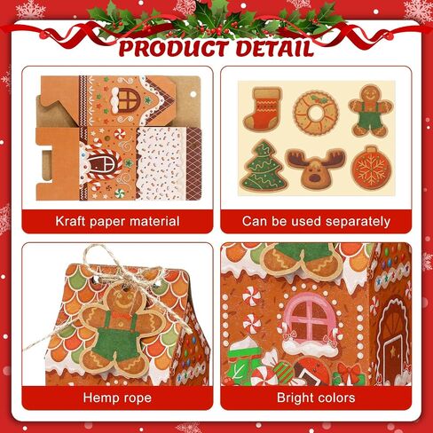 Blulu 60 Set Small Christmas Cookie Boxes with Tags Gingerbread House Gift Box with String Kraft Paper Christmas Treat Boxes Mini Goodie Containers for Xmas Party Packaging Favor Supplies(Brown) in Saudi Arabia