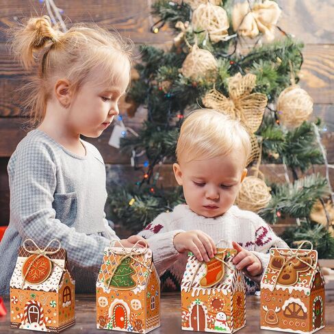 Blulu 60 Set Small Christmas Cookie Boxes with Tags Gingerbread House Gift Box with String Kraft Paper Christmas Treat Boxes Mini Goodie Containers for Xmas Party Packaging Favor Supplies(Brown) in Saudi Arabia