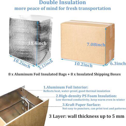 Acrux7 8 PCs صناديق شحن معزولة مع بطانات وأكياس رقائق الألومنيوم ، 10.2 "x6.3" × 7.1 in Kuwait