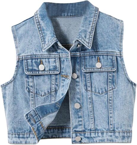 SweatyRocks Girl's Denim Vest Button Down Sleeveless Jean Jacket Outerwear with Pockets in Saudi Arabia