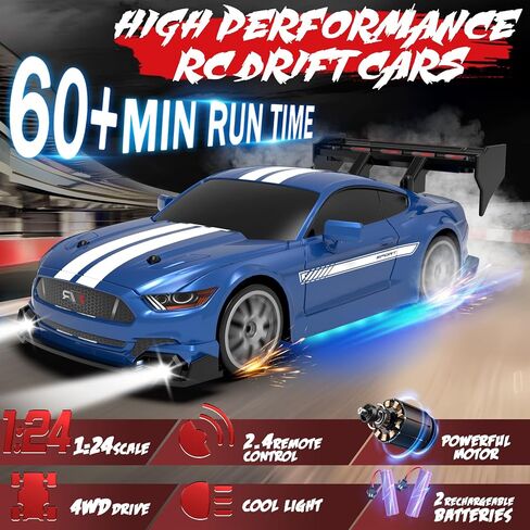 RC Drift Car 1:24 Scale 2.4GHz 4WD 15km/h High Speed Remote Control Cars RTR Racing Vehicle with LED Lights 2 Rechargeable Batteries and Drifting Tires Racing Sport Toy Car for Adults Kids Boys Girls in Saudi Arabia