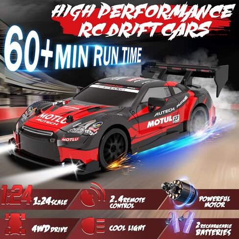 RC Drift Car 1:24 Scale 2.4GHz 4WD 15km/h High Speed Remote Control Cars RTR Racing Vehicle with LED Lights 2 Rechargeable Batteries and Drifting Tires Racing Sport Toy Car for Adults Kids Boys Girls in Saudi Arabia