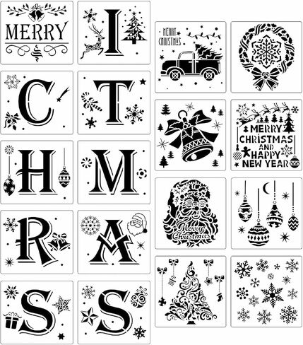18 Pcs Christmas Stencils Reusable Painting Stencil Sheets for Painting on Wood or Plastic Porch Door Hanger Christmas for Decorating Xmas Snowflake DIY Decoration Parties Sign Making (Christmas 1) in Saudi Arabia