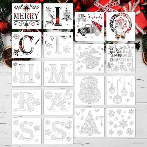 18 Pcs Christmas Stencils Reusable Painting Stencil Sheets for Painting on Wood or Plastic Porch Door Hanger Christmas for Decorating Xmas Snowflake DIY Decoration Parties Sign Making (Christmas 1) in Saudi Arabia