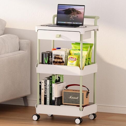 TOOLF Rolling Storage Cart with Drawer, 3 Tier Rolling Utility Cart with Tabletop, Rolling Cart Organizer for Teacher Craft Baby Nursery, Utility Cart for Kitchen Bathroom Bedside Office in Saudi Arabia