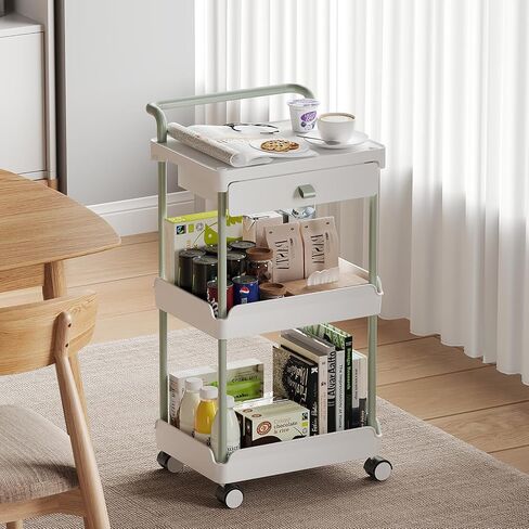 TOOLF Rolling Storage Cart with Drawer, 3 Tier Rolling Utility Cart with Tabletop, Rolling Cart Organizer for Teacher Craft Baby Nursery, Utility Cart for Kitchen Bathroom Bedside Office in Saudi Arabia