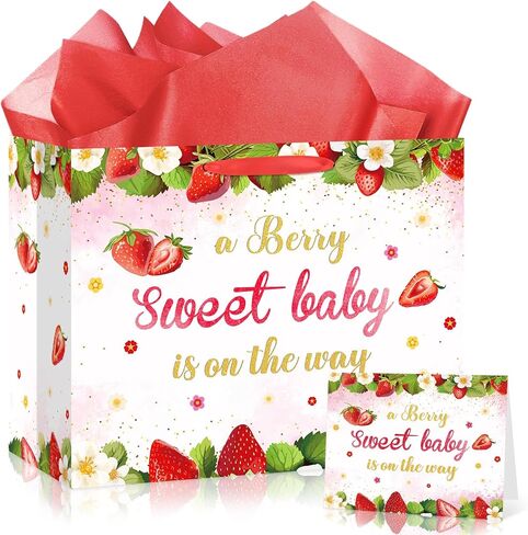 Strawberry Baby Girls Birthday Gift Bag A Berry Sweet Baby is On The Way Wrapping Bag with Tissue Paper and Card for Sweet Baby 1st Birthday Girl Baby Shower Red Berry Christmas Birthday Party Supplies in Kuwait