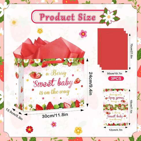 Strawberry Baby Girls Birthday Gift Bag A Berry Sweet Baby is On The Way Wrapping Bag with Tissue Paper and Card for Sweet Baby 1st Birthday Girl Baby Shower Red Berry Christmas Birthday Party Supplies in Kuwait