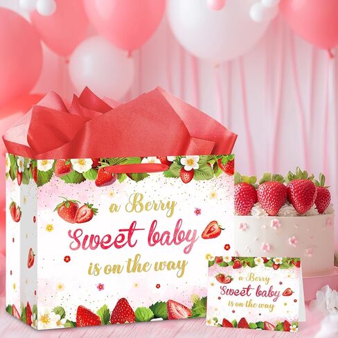 Strawberry Baby Girls Birthday Gift Bag A Berry Sweet Baby is On The Way Wrapping Bag with Tissue Paper and Card for Sweet Baby 1st Birthday Girl Baby Shower Red Berry Christmas Birthday Party Supplies in Kuwait