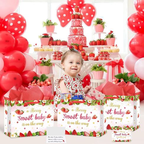 Strawberry Baby Girls Birthday Gift Bag A Berry Sweet Baby is On The Way Wrapping Bag with Tissue Paper and Card for Sweet Baby 1st Birthday Girl Baby Shower Red Berry Christmas Birthday Party Supplies in Kuwait