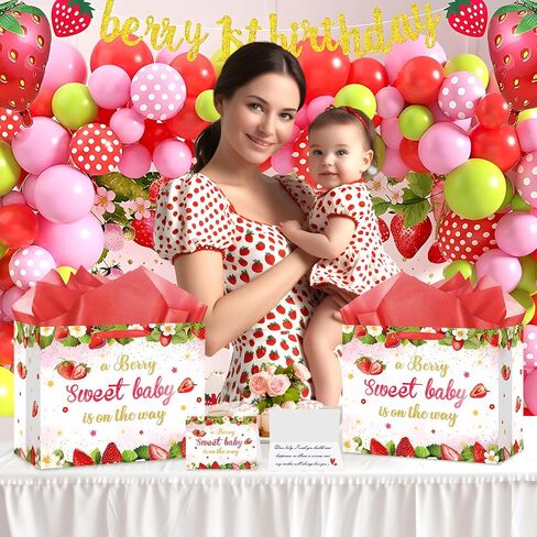 Strawberry Baby Girls Birthday Gift Bag A Berry Sweet Baby is On The Way Wrapping Bag with Tissue Paper and Card for Sweet Baby 1st Birthday Girl Baby Shower Red Berry Christmas Birthday Party Supplies in Kuwait