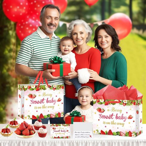 Strawberry Baby Girls Birthday Gift Bag A Berry Sweet Baby is On The Way Wrapping Bag with Tissue Paper and Card for Sweet Baby 1st Birthday Girl Baby Shower Red Berry Christmas Birthday Party Supplies in Kuwait