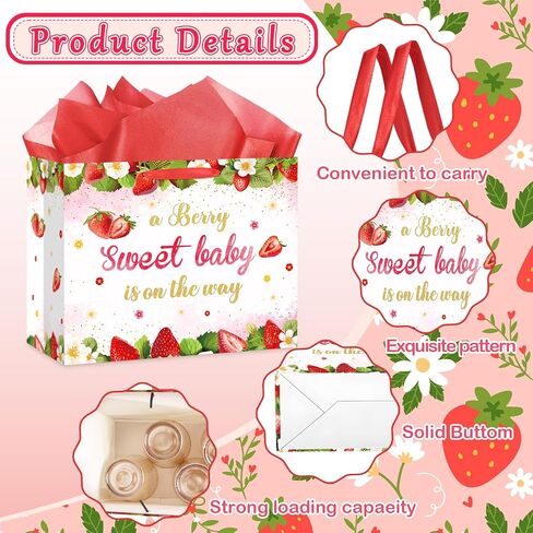 Strawberry Baby Girls Birthday Gift Bag A Berry Sweet Baby is On The Way Wrapping Bag with Tissue Paper and Card for Sweet Baby 1st Birthday Girl Baby Shower Red Berry Christmas Birthday Party Supplies in Kuwait
