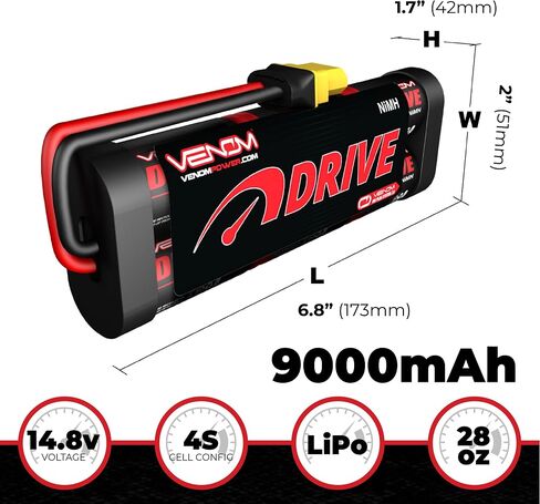 Venom Drive Series 50C 4S - 9000mAh 14.8V LiPo RC Battery, Lithium Polymer 4 Cell - Soft Silicone Connector & Compatible w/ 2WD, 4WD, Truck & Buggies in Saudi Arabia