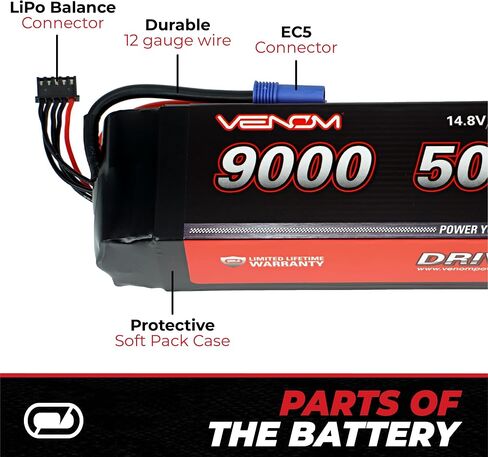 Venom Drive Series 50C 4S - 9000mAh 14.8V LiPo RC Battery, Lithium Polymer 4 Cell - Soft Silicone Connector & Compatible w/ 2WD, 4WD, Truck & Buggies in Saudi Arabia