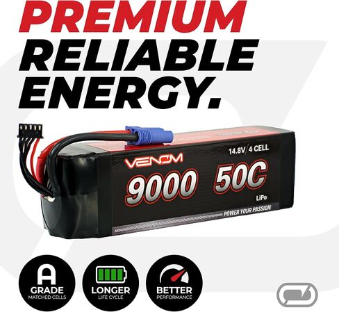 Venom Drive Series 50C 4S - 9000mAh 14.8V LiPo RC Battery, Lithium Polymer 4 Cell - Soft Silicone Connector & Compatible w/ 2WD, 4WD, Truck & Buggies in Saudi Arabia