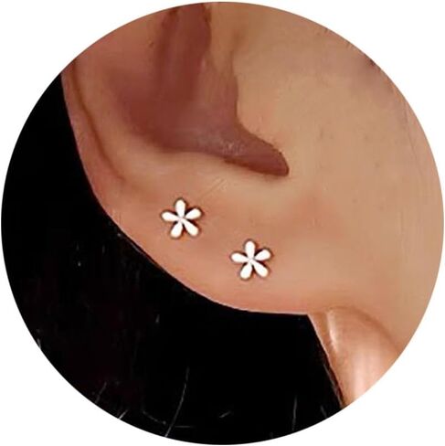 Mini Silver Flower Studs Earrings, 14K White Gold Plated Tiny Daisy Studs Earrings for Women in Saudi Arabia