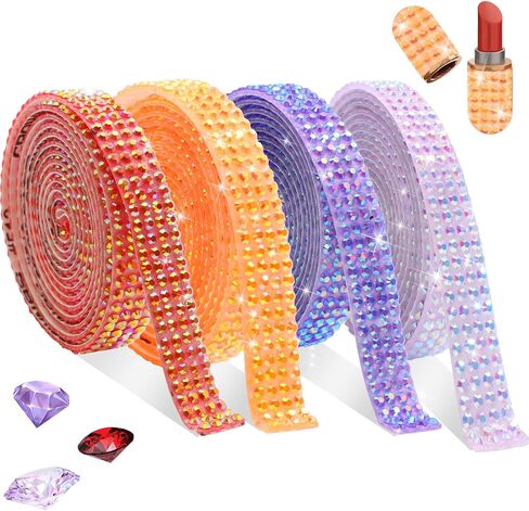 FULZTEY 4 Rolls Rhinestone Ribbon Roll,White AB Crystal Rhinestone Ribbon Sticker with 2 mm Rhinestone for DIY Crafts,Bling Jelly Self Adhesive Rhinestone Strips for Car Clothes Wedding Decoration in Kuwait