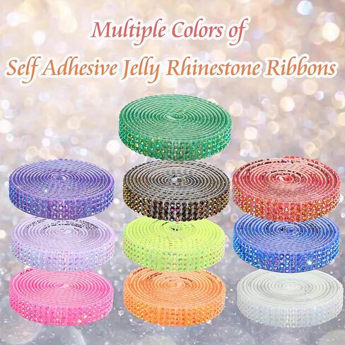 FULZTEY 4 Rolls Rhinestone Ribbon Roll,White AB Crystal Rhinestone Ribbon Sticker with 2 mm Rhinestone for DIY Crafts,Bling Jelly Self Adhesive Rhinestone Strips for Car Clothes Wedding Decoration in Kuwait
