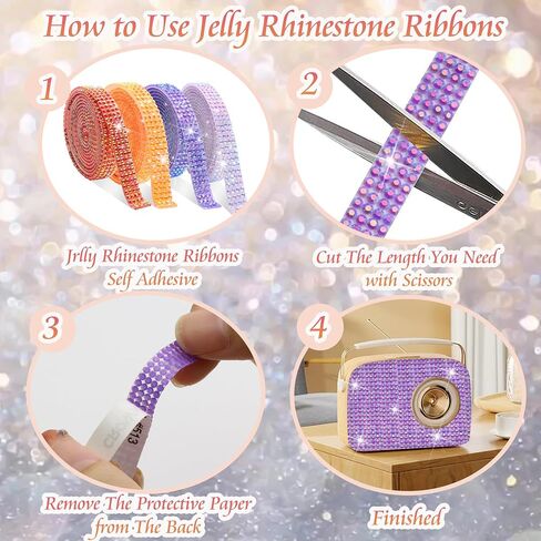 FULZTEY 4 Rolls Rhinestone Ribbon Roll,White AB Crystal Rhinestone Ribbon Sticker with 2 mm Rhinestone for DIY Crafts,Bling Jelly Self Adhesive Rhinestone Strips for Car Clothes Wedding Decoration in Kuwait