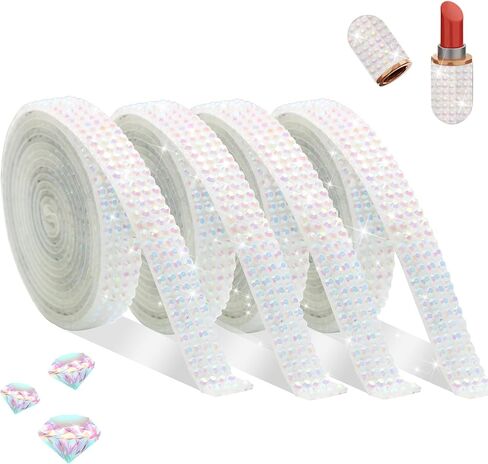 FULZTEY 4 Rolls Rhinestone Ribbon Roll,White AB Crystal Rhinestone Ribbon Sticker with 2 mm Rhinestone for DIY Crafts,Bling Jelly Self Adhesive Rhinestone Strips for Car Clothes Wedding Decoration in Kuwait