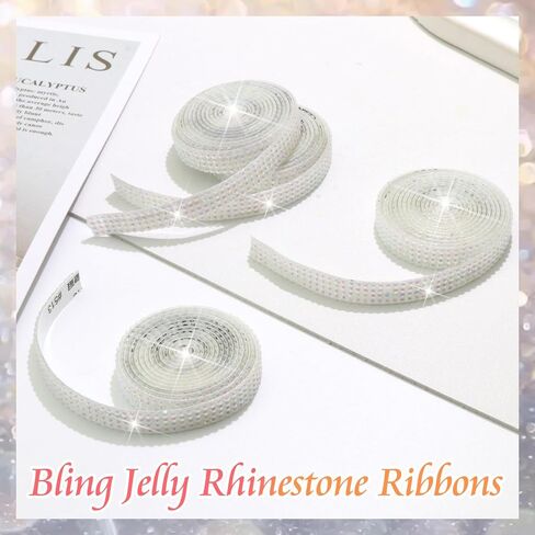 FULZTEY 4 Rolls Rhinestone Ribbon Roll,White AB Crystal Rhinestone Ribbon Sticker with 2 mm Rhinestone for DIY Crafts,Bling Jelly Self Adhesive Rhinestone Strips for Car Clothes Wedding Decoration in Kuwait