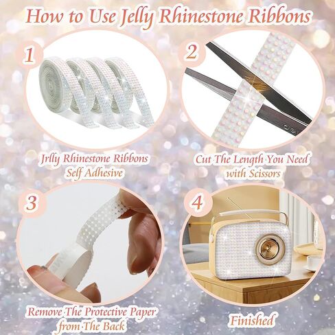 FULZTEY 4 Rolls Rhinestone Ribbon Roll,White AB Crystal Rhinestone Ribbon Sticker with 2 mm Rhinestone for DIY Crafts,Bling Jelly Self Adhesive Rhinestone Strips for Car Clothes Wedding Decoration in Kuwait