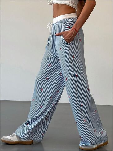 GORGLITTER Women's Gingham Plaid Straight Leg Pants Checkered Low Waist Drawstring Pants with Slant Pockets in Saudi Arabia
