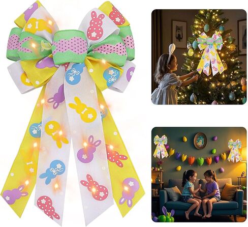 Hying Large LED Easter Bows for Wreath, Easter Eggs Wreath Bows with LED Light Natural Burlap Ribbon Bow LED Holiday Spring Tree Topper Bows for Front Door Easter Party Decorations Supplies in Kuwait