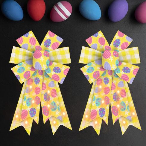 Hying Large LED Easter Bows for Wreath, Easter Eggs Wreath Bows with LED Light Natural Burlap Ribbon Bow LED Holiday Spring Tree Topper Bows for Front Door Easter Party Decorations Supplies in Kuwait