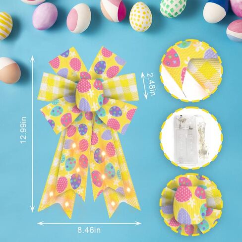 Hying Large LED Easter Bows for Wreath, Easter Eggs Wreath Bows with LED Light Natural Burlap Ribbon Bow LED Holiday Spring Tree Topper Bows for Front Door Easter Party Decorations Supplies in Kuwait