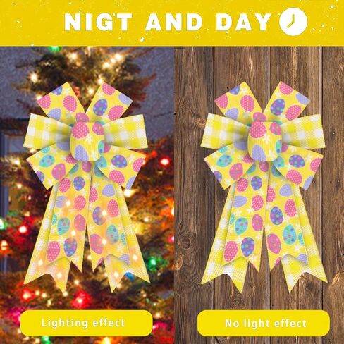 Hying Large LED Easter Bows for Wreath, Easter Eggs Wreath Bows with LED Light Natural Burlap Ribbon Bow LED Holiday Spring Tree Topper Bows for Front Door Easter Party Decorations Supplies in Kuwait