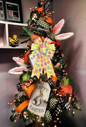 Hying Large LED Easter Bows for Wreath, Easter Eggs Wreath Bows with LED Light Natural Burlap Ribbon Bow LED Holiday Spring Tree Topper Bows for Front Door Easter Party Decorations Supplies in Kuwait