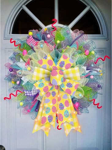Hying Large LED Easter Bows for Wreath, Easter Eggs Wreath Bows with LED Light Natural Burlap Ribbon Bow LED Holiday Spring Tree Topper Bows for Front Door Easter Party Decorations Supplies in Kuwait